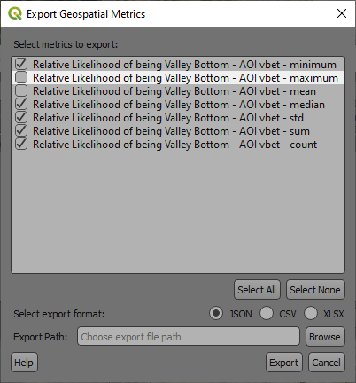 Export Geospatial Metrics